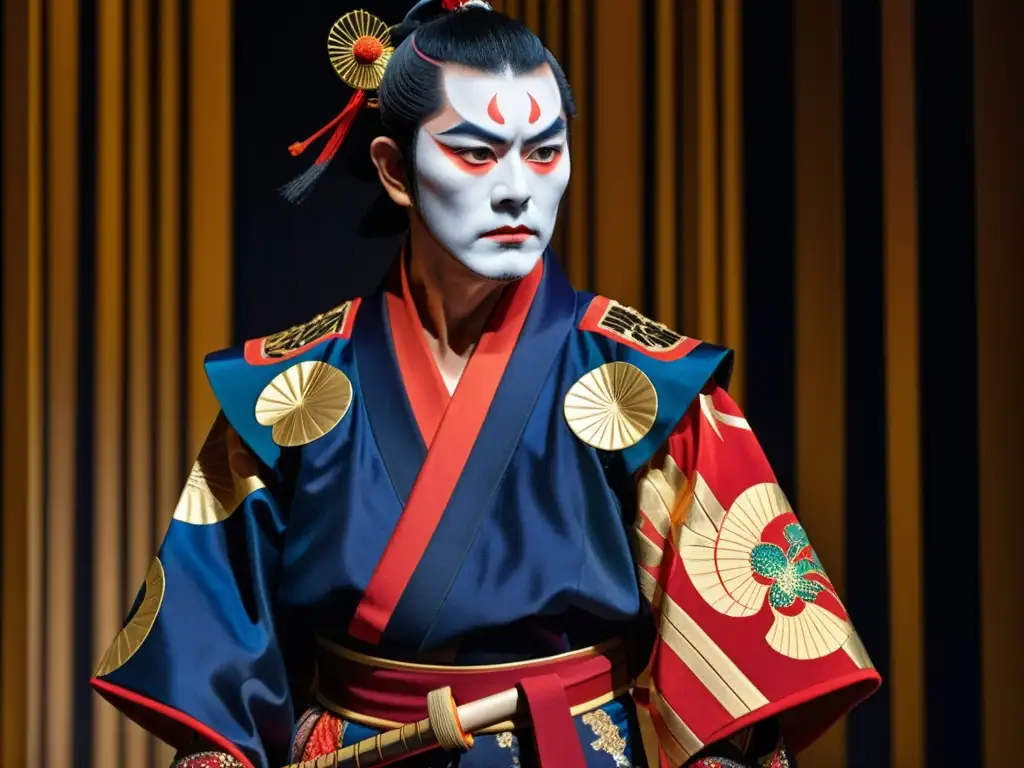 Un actor contemporáneo de kabuki con traje de samurái detallado, en un escenario dramático