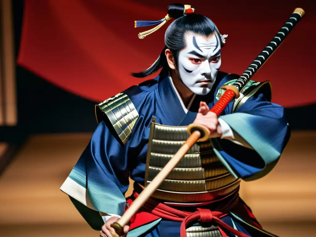 Un actor de kabuki con armadura samurái y katana, expresión intensa en escenario kabuki