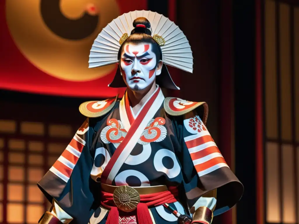 Un actor kabuki, ataviado con un elaborado atuendo samurái, en pose poderosa en un escenario tenue