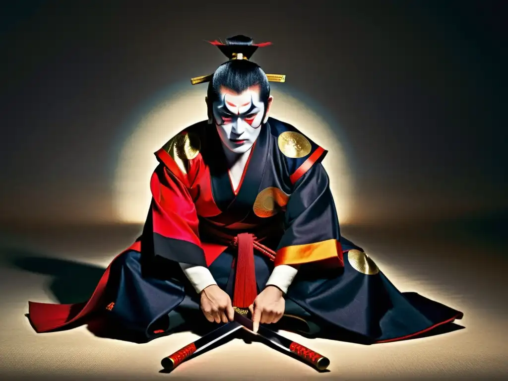 Un actor de kabuki, ataviado con vestimenta samurái, se agacha con determinación, listo para el combate