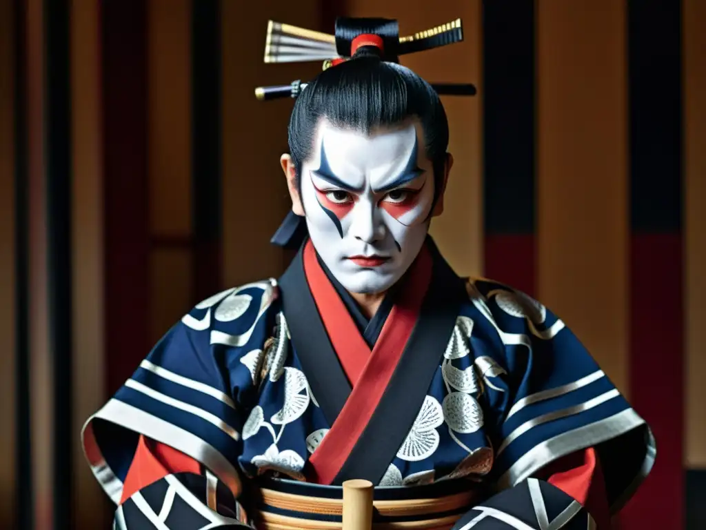 Un actor kabuki en atuendo samurái, con katana en mano, transmite una estética samurái en dramaturgia kabuki, con poder y honor