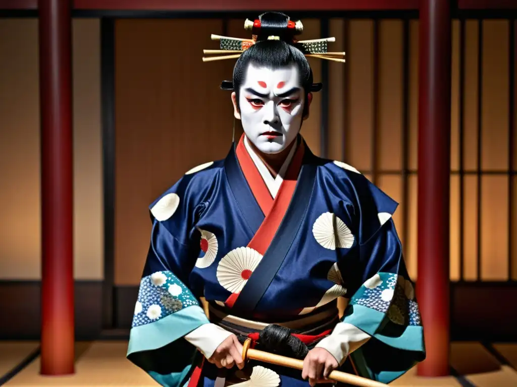 Un actor de Kabuki con atuendo de samurái en pose dramática, destacando los detalles del traje y maquillaje