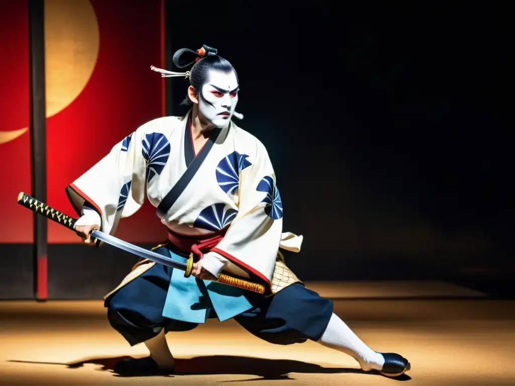 Actor de kabuki con atuendo samurái, pose dinámica y katana, en escenario teatral, reflejando la influencia del teatro en samurái