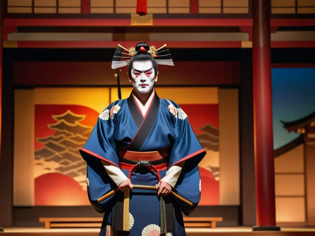 Actor kabuki en atuendo samurái, con maquillaje elaborado y expresión dramática, en escenario con arquitectura y decoración japonesa