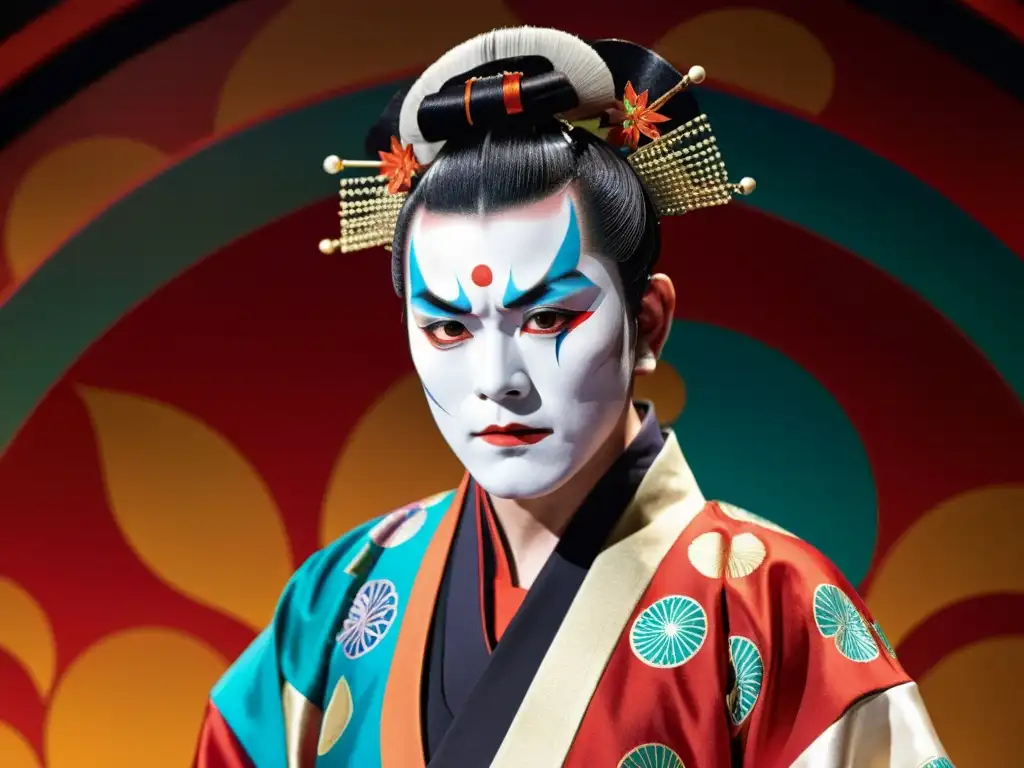 Actor kabuki con expresión intensa y vestuario vibrante en escenario, influencia Bushidō Teatro Kabuki