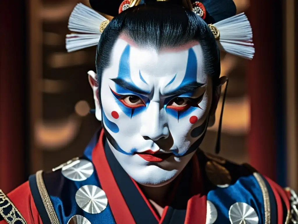 Un actor de kabuki, con maquillaje blanco y traje samurái, interpreta con intensidad en escena