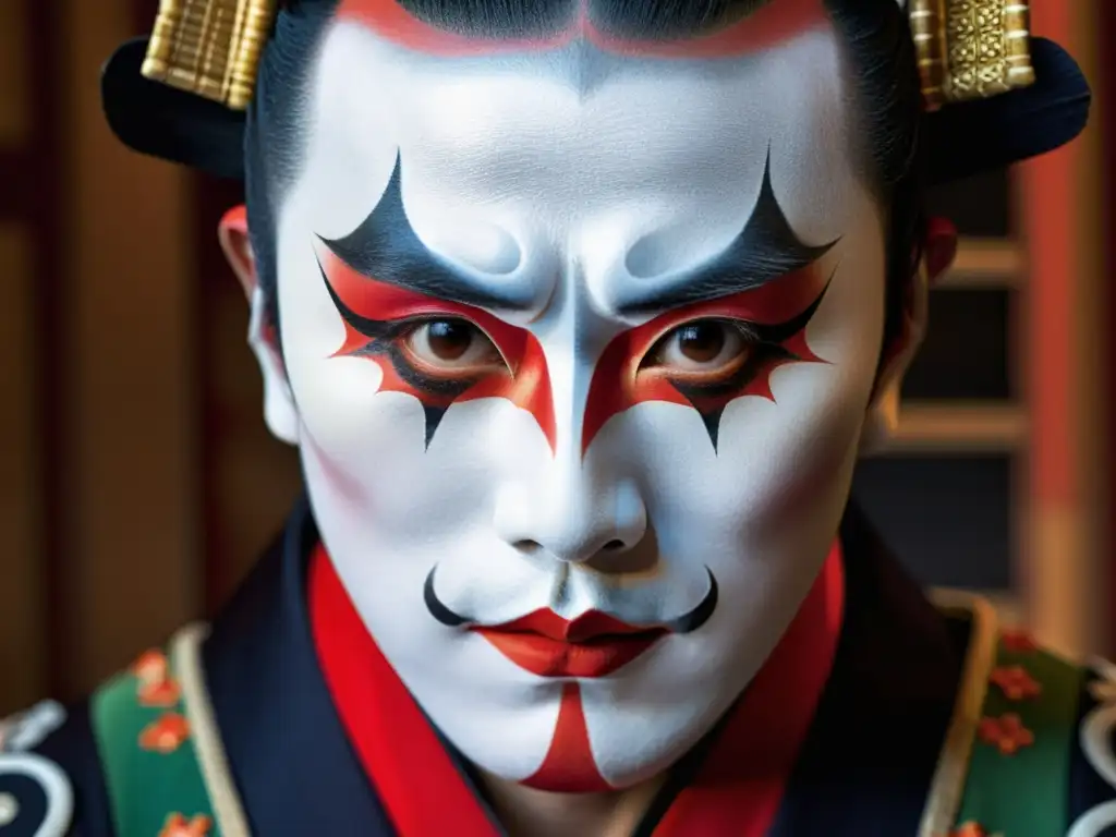 Actor de Kabuki con maquillaje y vestimenta tradicional, transmite la influencia samurái en el teatro tradicional japonés