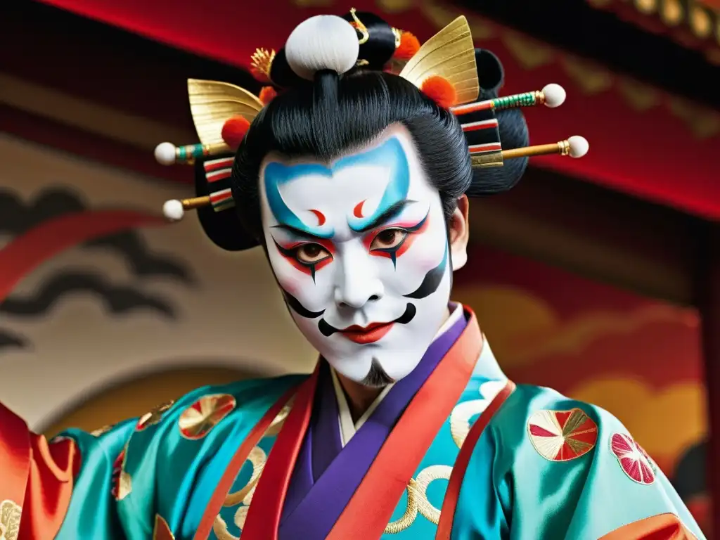 Un actor de kabuki con un maquillaje vibrante y expresiones exageradas