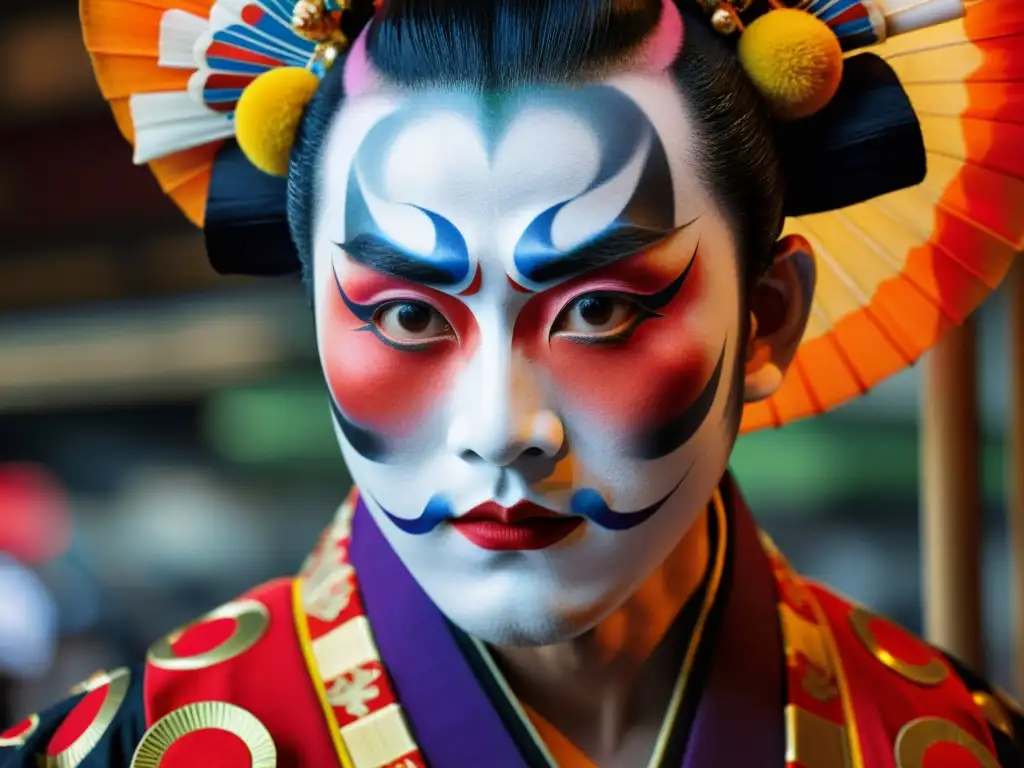 Un actor de Kabuki con maquillaje vibrante y traje tradicional, fusiona espíritu samurái con técnicas modernas en una actuación impactante