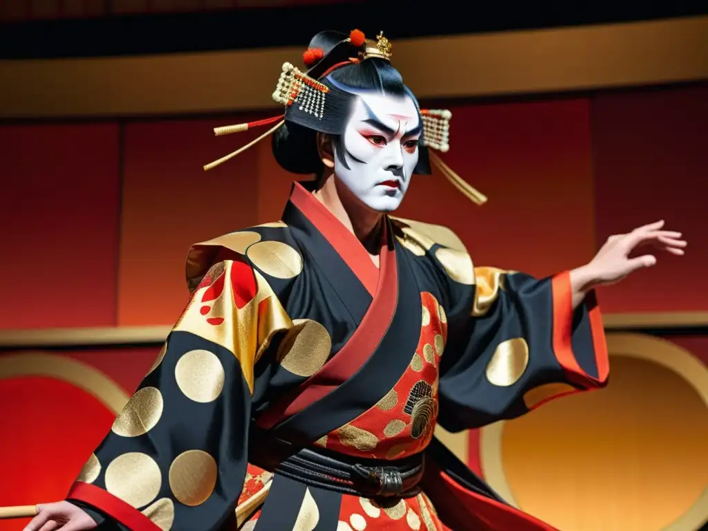 Un actor de kabuki en traje y maquillaje tradicional, con expresión intensa y vestimenta vibrante, encarna los Valores del Samurai en Kabuki