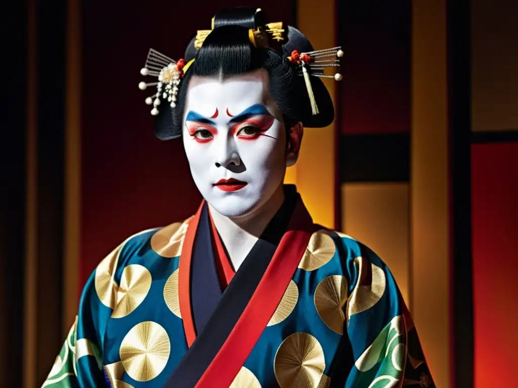 Un actor de Kabuki en traje y maquillaje tradicional, con expresión intensa y kimono vibrante, refleja la influencia del teatro en samurái