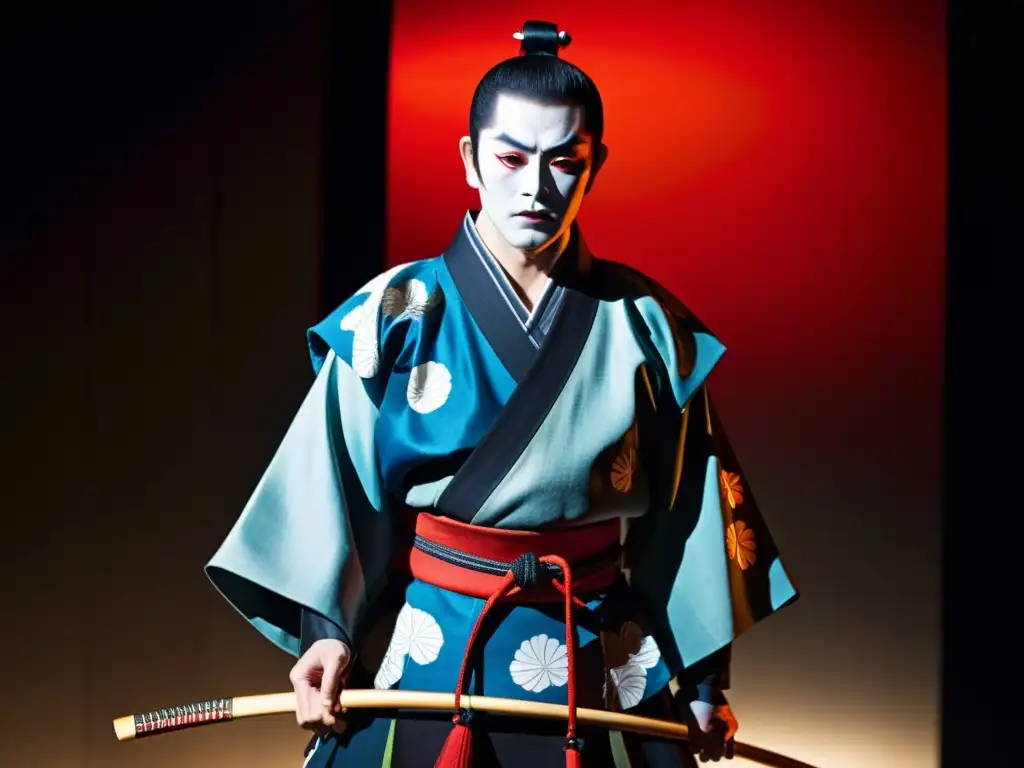 Actor de kabuki con traje samurái en escena, representando la influencia samurái en el kabuki moderno