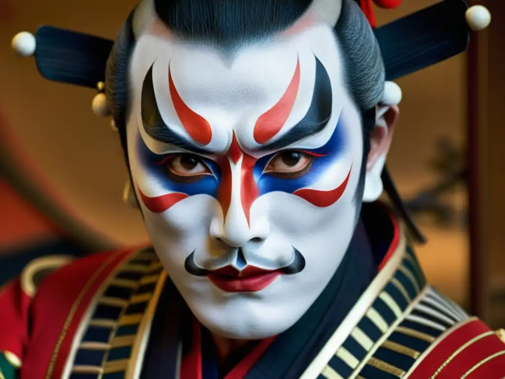 Un actor de Kabuki en traje de samurái, con maquillaje impactante y detallado, transmite emoción y la influencia del Bushidō en el Teatro Kabuki