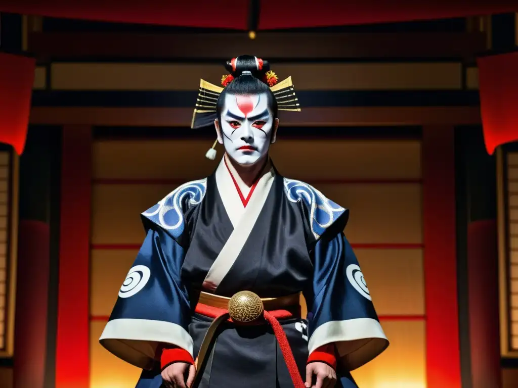 Actor de kabuki con traje samurái en escenario teatral, exuda la atemporalidad del teatro kabuki y la ética samurái