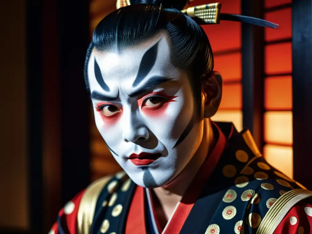 Un actor Kabuki en traje de samurái, con kimono detallado y maquillaje impresionante