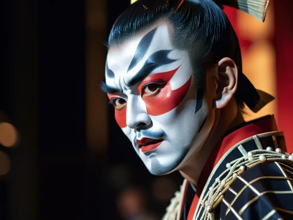 Un actor de Kabuki en traje de samurái, con expresión intensa y detallado maquillaje