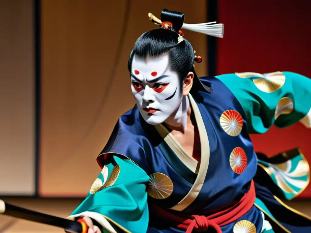 Un actor de Kabuki en traje samurái ejecutando técnicas samurái en coreografía Kabuki, con vestuario vibrante y expresión concentrada