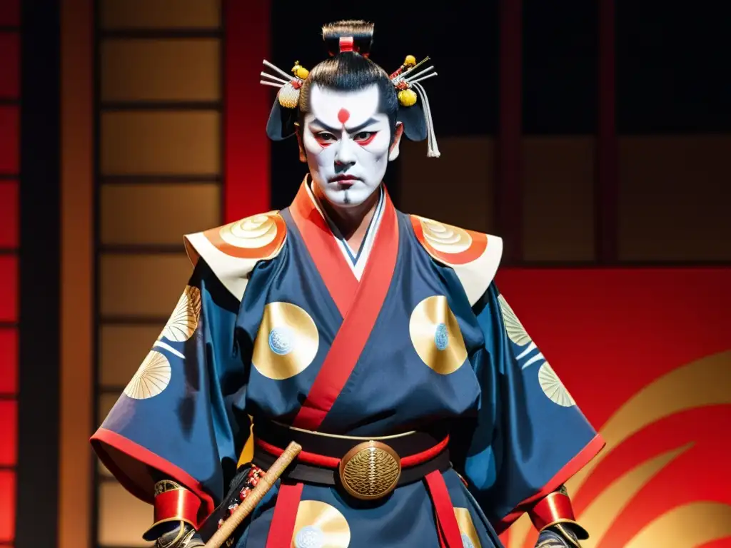 Un actor kabuki con traje samurái tradicional y maquillaje llamativo en una actuación intensa