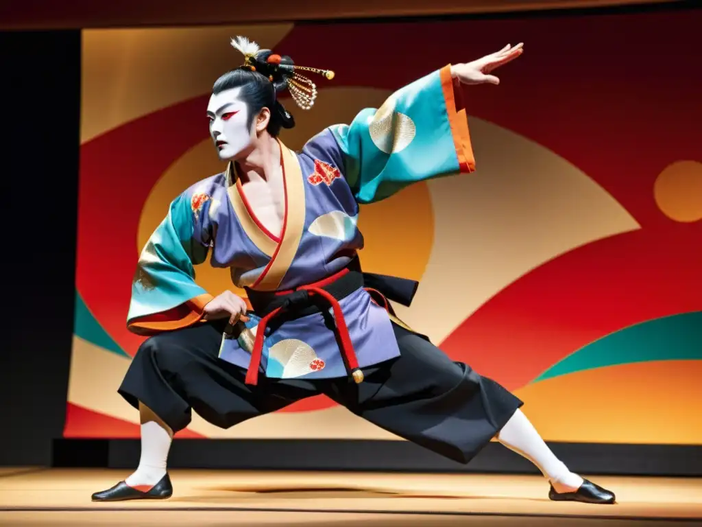 Un actor de kabuki en un traje vibrante ejecuta una pose dinámica inspirada en artes marciales