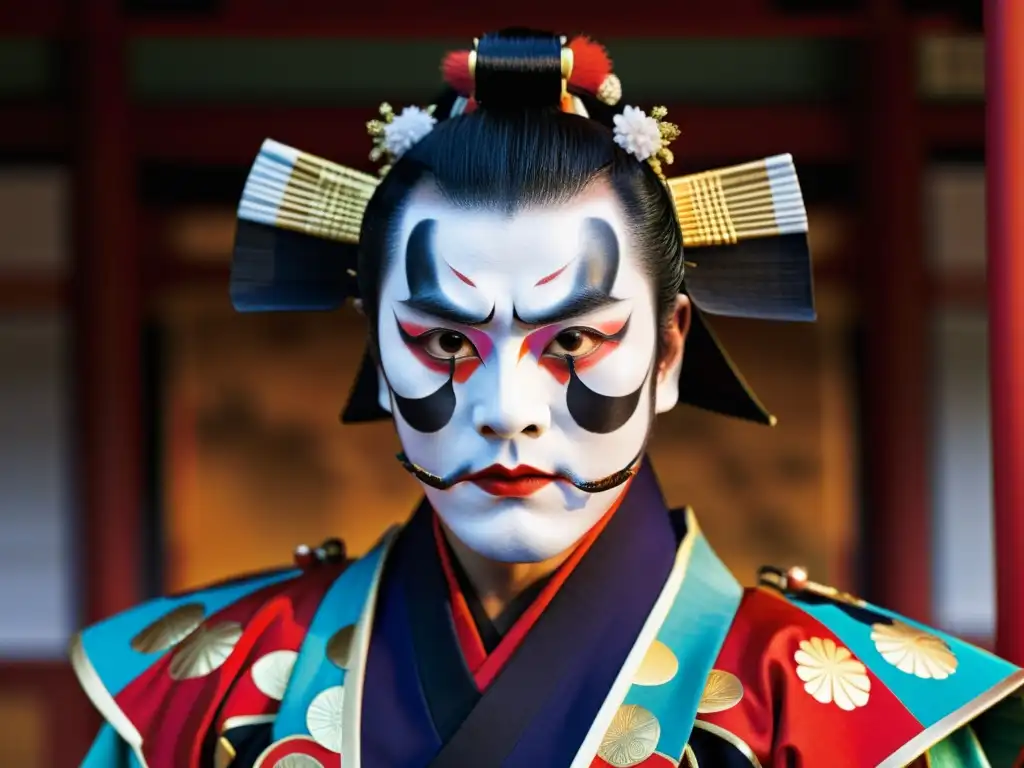 Un actor de Kabuki con vestimenta samurái, expresión intensa y detalle meticuloso