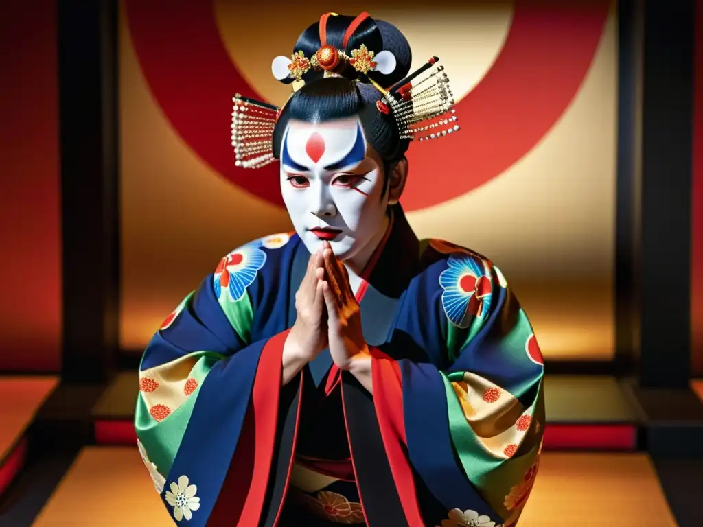 Un actor de kabuki con vestimenta y maquillaje tradicional en escenario ricamente decorado, expresando pasión y drama