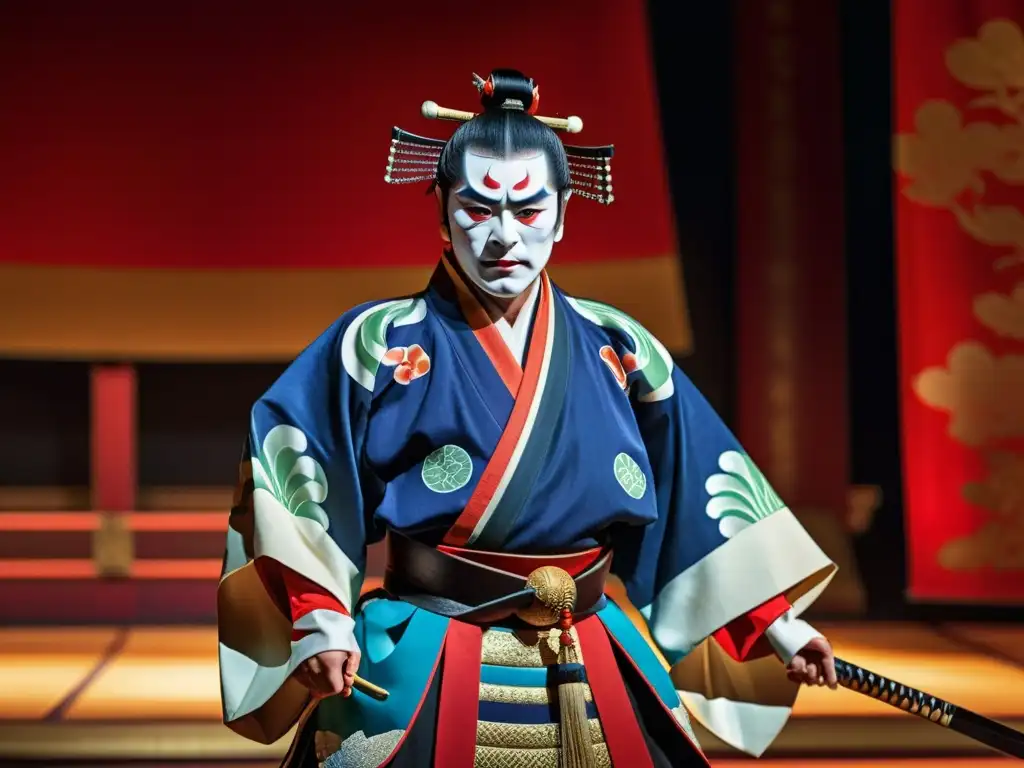 Un actor de kabuki en vestimenta samurái, sobre un escenario vibrante y ornamentado