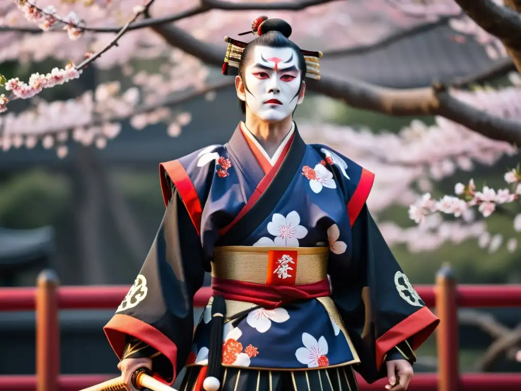 Un actor Kabuki con vestimenta de samurái en pose dinámica frente a un árbol de cerezo