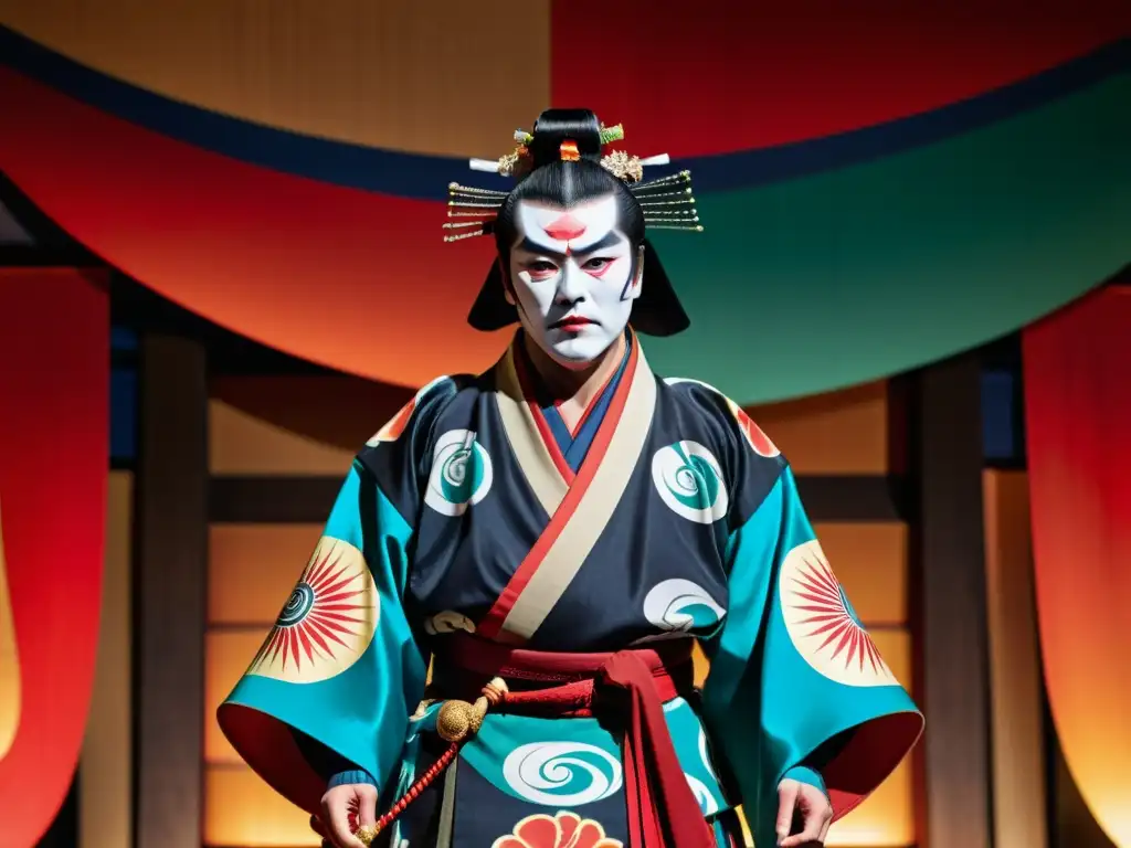 Un actor de kabuki en vestimenta samurái, en una pose dramática en un escenario con diseño elaborado y luces