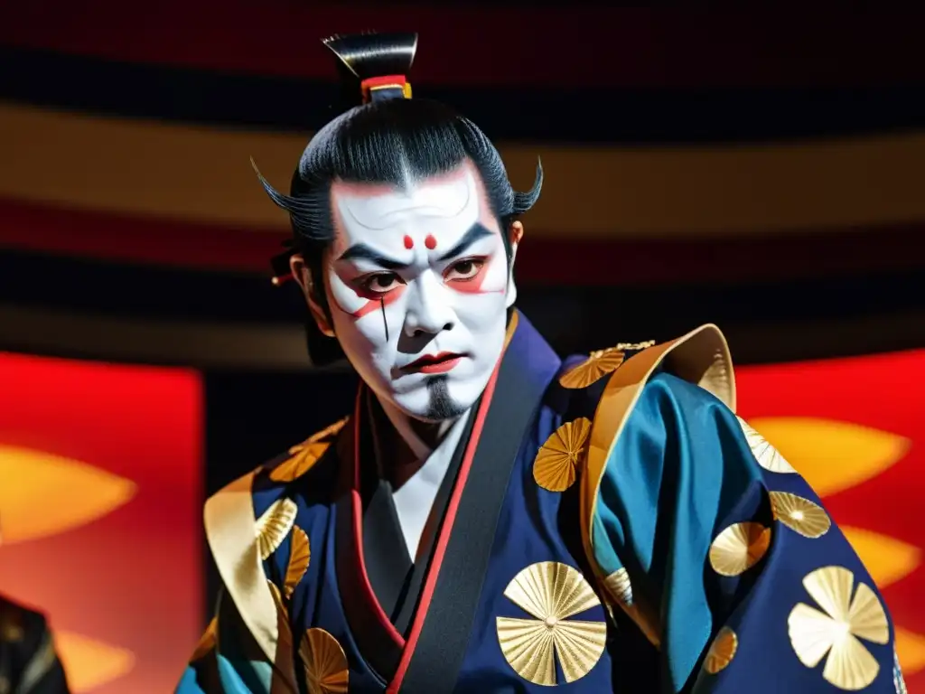 Un actor de Kabuki con vestimenta samurái ejecuta una coreografía intensa