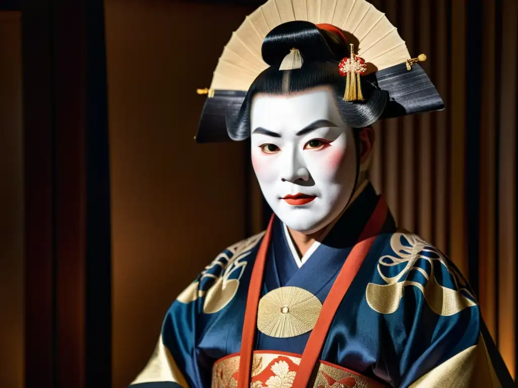 Detalles impresionantes del actor de teatro Noh: arte y solemnidad Un actor de teatro Noh, con traje tradicional y máscara, en un área oscura