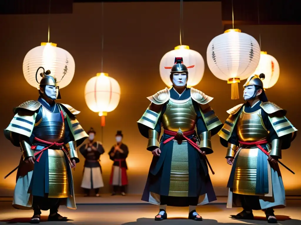 Actores de Noh con armadura samurái, expresiones intensas, túnicas fluidas, escena clásica