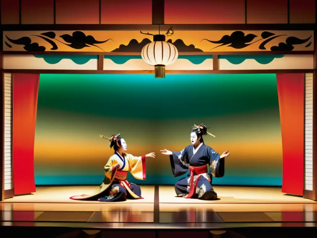 Actores en escena de Kabuki, con trajes ornamentados y gestos emotivos, reflejando los valores del Samurai en Kabuki