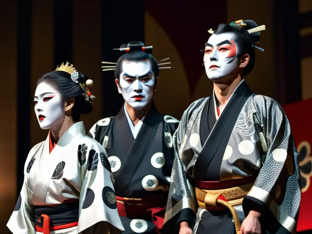 Actores de Kabuki en escena, expresiones intensas y simbolismo del samurái en literatura