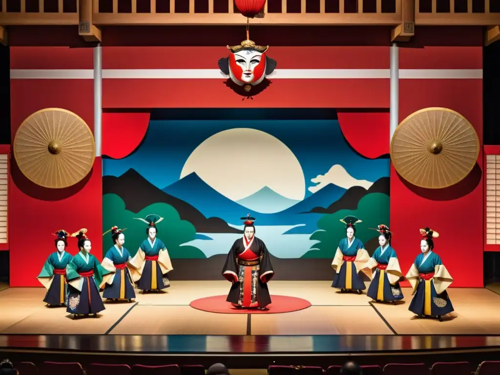 Actores de kabuki en escenario tradicional japonés, con vestuario vibrante y escenografía detallada