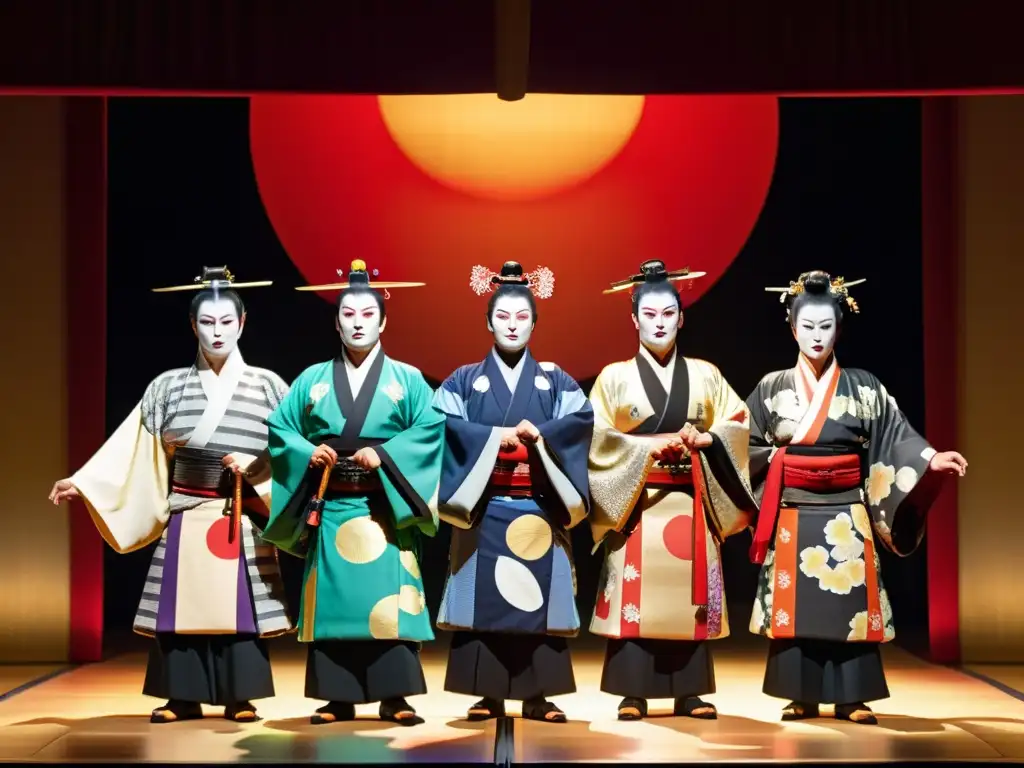 Actores del Kabuki moderno, vestidos como samuráis, en dramática representación en el escenario con adornos tradicionales japoneses