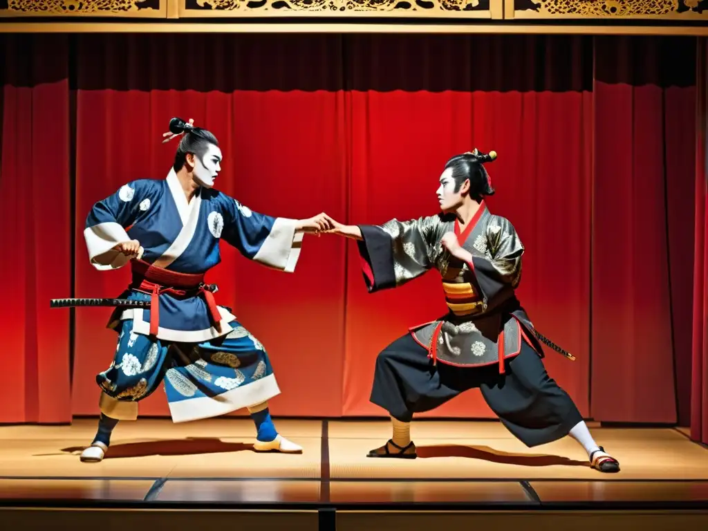 Actores de kabuki con vestimenta samurái en escenario ornamental, expresando disciplina y honor