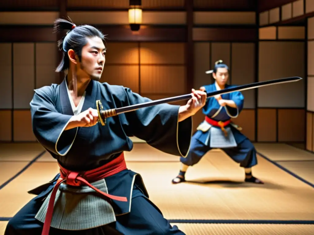 Actores samurái entrenan con determinación, perfeccionando la coreografía Kabuki