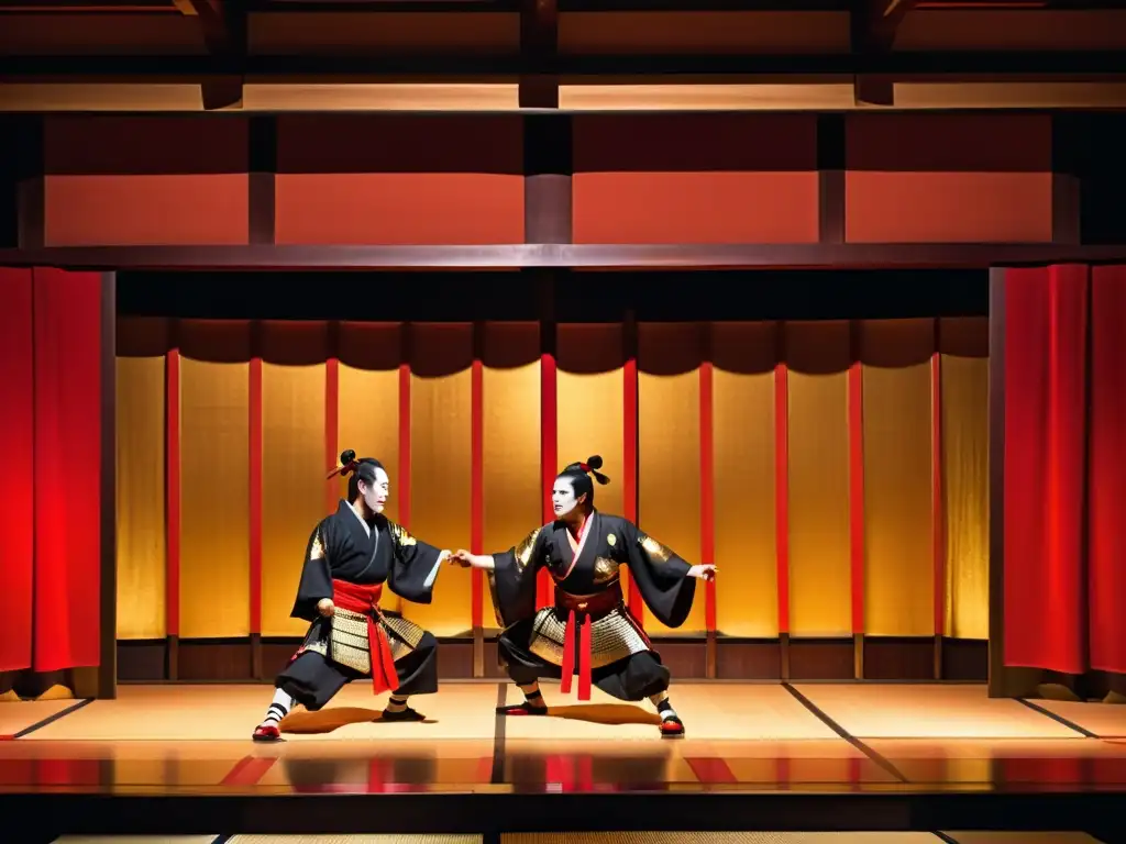 Actores samurái en vibrante escenario de teatro Kabuki, evocando la pasión y disciplina de la Filosofía Samurai Teatro Kabuki