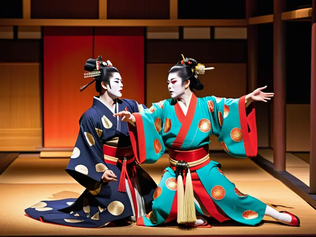 Actores del Teatro Kabuki transmiten la influencia Bushidō con poses dinámicas, kimonos vibrantes y expresiones intensas