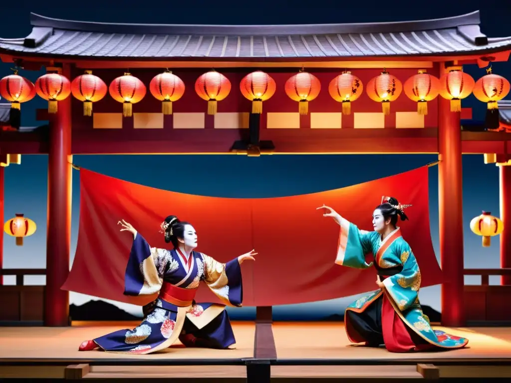 Actores de teatro kabuki en vibrante escena de la tradición japonesa, con ética samurái