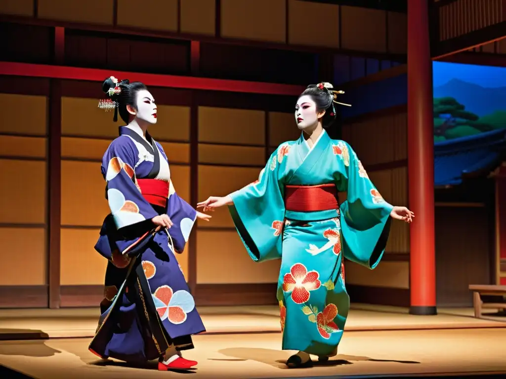 Actores de teatro tradicional japonés influencia samurái en vibrantes kimonos, expresiones intensas y escenario ornamentado