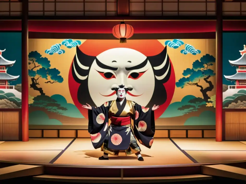 Actores en trajes vibrantes en un escenario de teatro Kabuki, capturando la esencia de la filosofía samurai