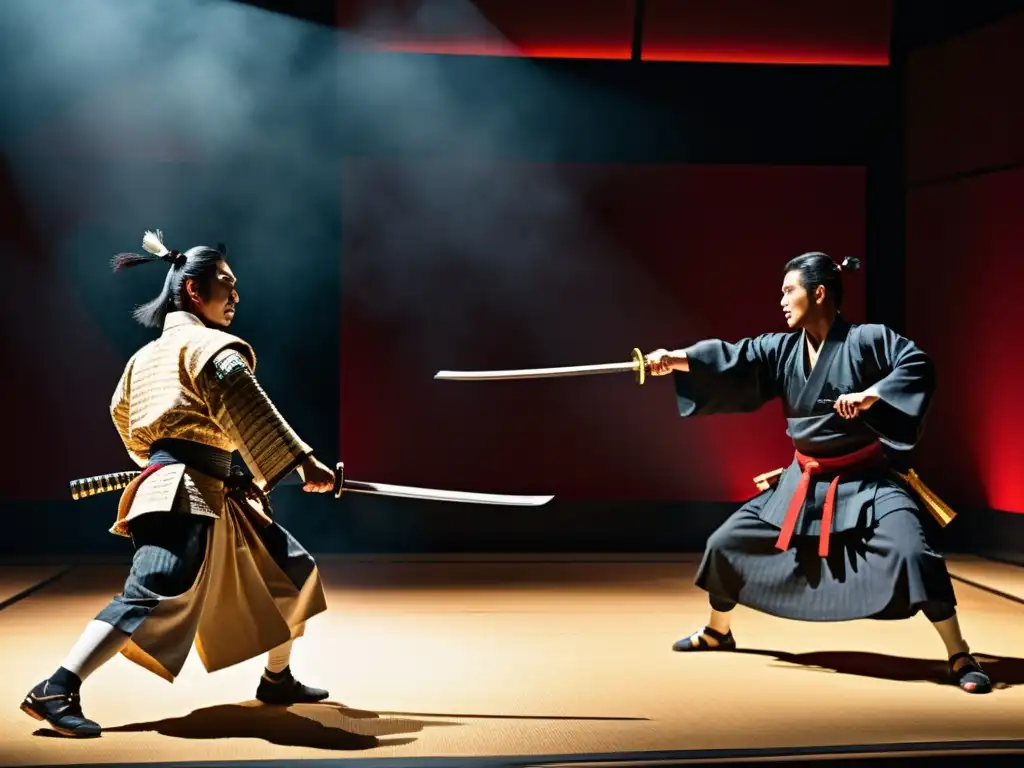 Actores en vestimenta samurái ejecutan una intensa escena de lucha en un teatro moderno, fusionando el legado samurái en la performance moderna