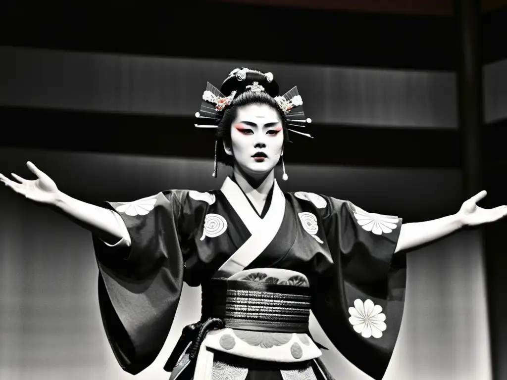 Una actriz de kabuki en traje de samurái, expresando fuerza y ​​resiliencia en el escenario