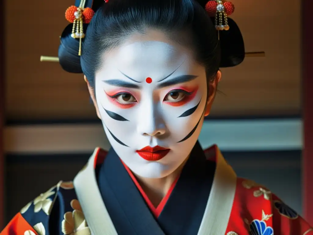 Una actriz de teatro Noh representa una mujer samurái con un impresionante kimono y maquillaje tradicional