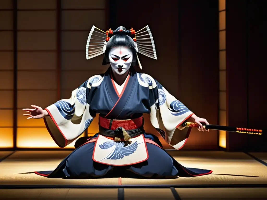 Una actriz en traje de samurái realiza una poderosa pose en el escenario, representando la influencia de la mujer samurái en el Kabuki moderno