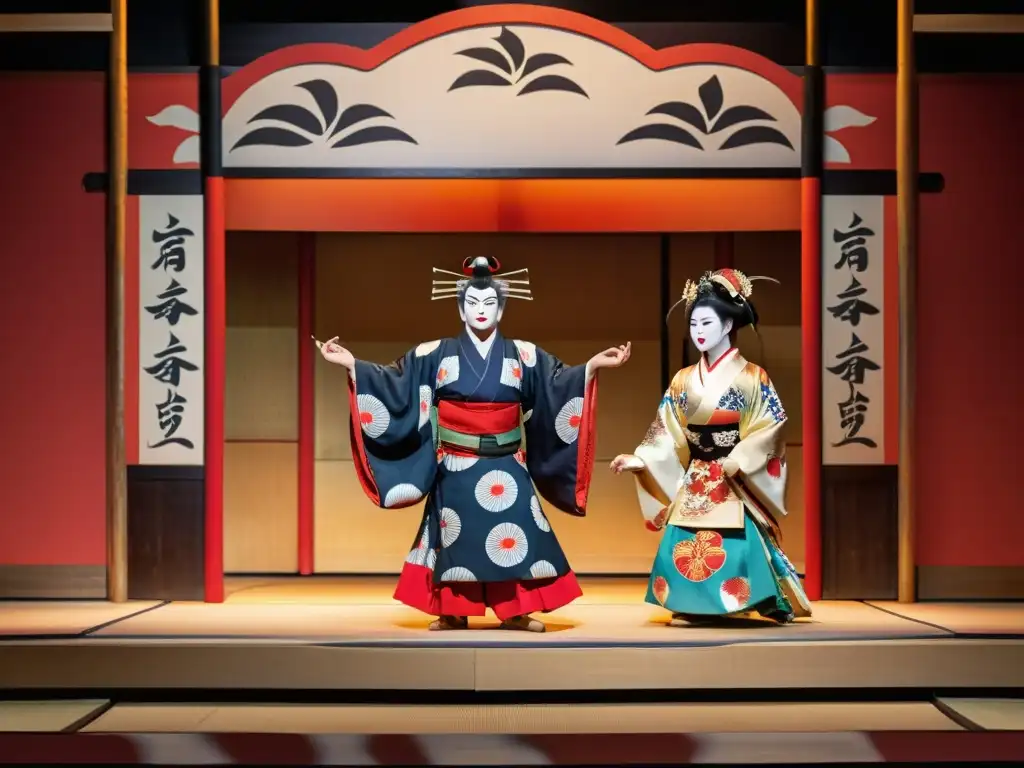 Actuación de mujeres samurái en una escena teatral kabuki, destacando la rica herencia cultural y la dramática narrativa de la literatura feudal