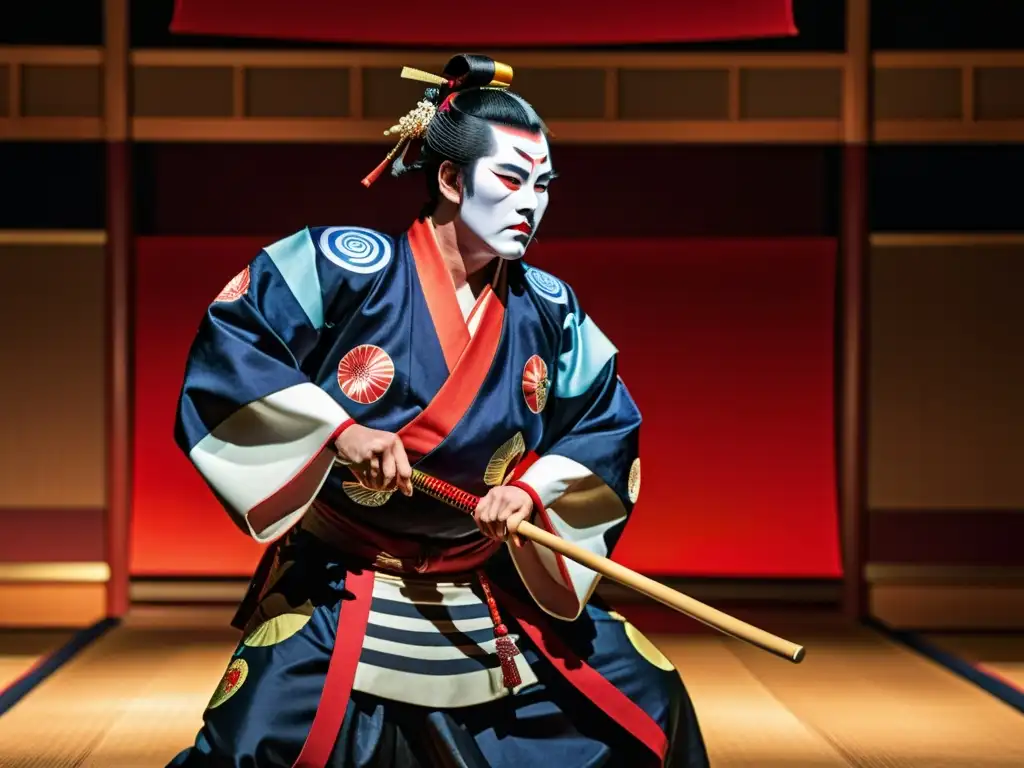 Actuación de samurái en la coreografía Kabuki, con vestuarios vibrantes y movimientos dinámicos en escena