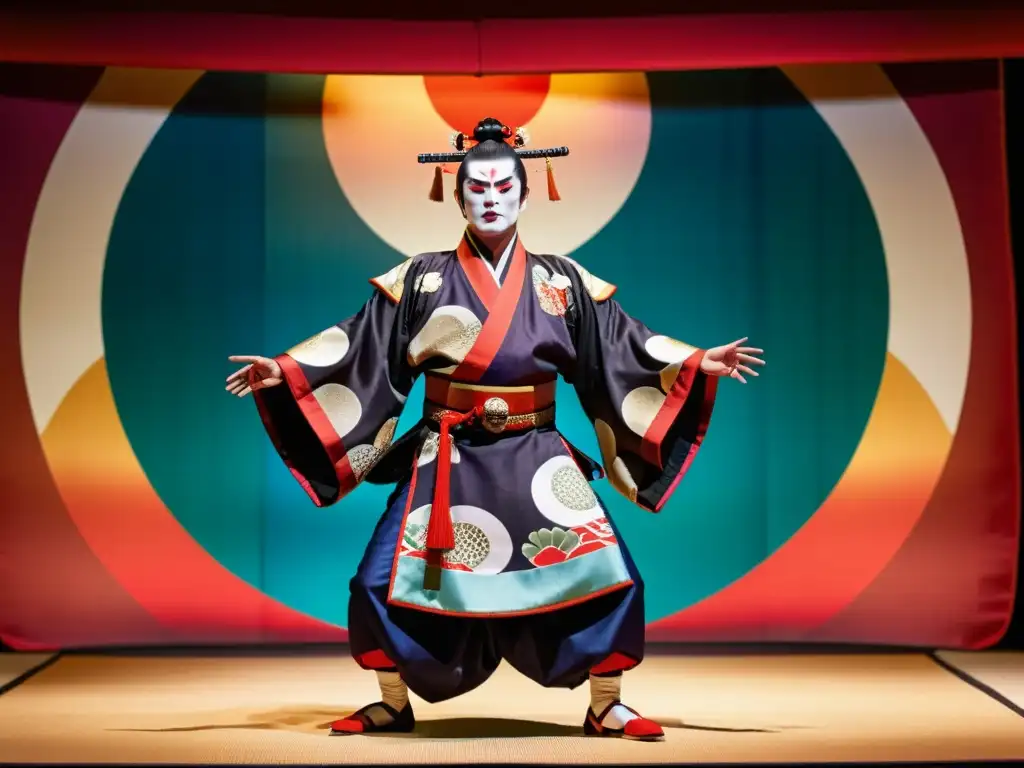 Actuación teatral kabuki con atuendo samurái, expresión intensa y escenario colorido, evocando la ética samurái y la esencia del teatro kabuki