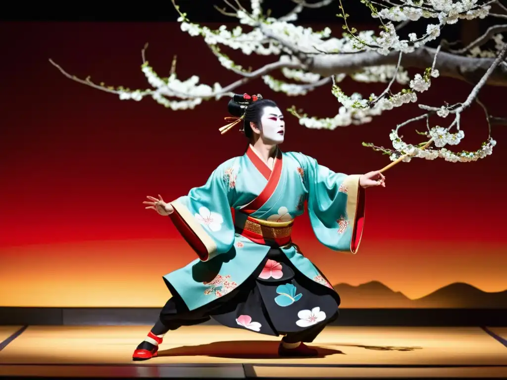 Actuación de kabuki con fusión del espíritu samurái y técnicas modernas, vibrante y elegante, con movimientos dinámicos y energía palpable